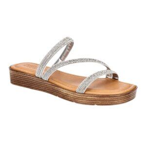 Bella~Vita ONA-ITALY Women's Asymmetrical Straps Slide Sandals Silver Metallic